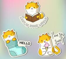 marrant chat autocollant paquet. mignonne kawaii chats dans marrant pose. dessin animé chats autocollant conception. adorable kawaii animaux. vecteur