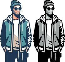 moderne mec habillé dans une branché tenue avec une veste, bonnet, et des lunettes de soleil cette dégage une décontracté vibe vecteur illustration, gars portant moderne tenue Stock vecteur image