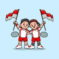 mignonne joueur badminton en portant Indonésie drapeau dessin animé vecteur icône illustration. gens sport icône concept isolé prime vecteur. plat dessin animé style