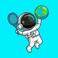 mignonne astronaute en jouant Terre globe tennis dessin animé vecteur icône illustration. sport science icône concept isolé prime vecteur. plat dessin animé style