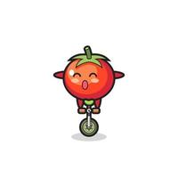 le personnage mignon de tomates fait du vélo de cirque vecteur