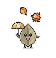 dessin animé de la jolie feuille séchée tenant un parapluie en automne vecteur