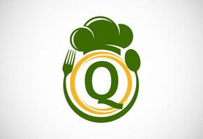 initiale alphabet q avec chef chapeau, cuillère et fourchette. moderne vecteur logo pour café, restaurant, cuisine entreprise, et entreprise identité