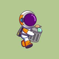 mignonne astronaute porter une poubelle pouvez contenant planètes. science La technologie icône concept vecteur