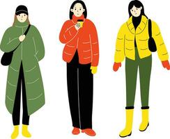diverse groupe de moderne femmes portant branché hiver vêtements. décontractée élégant ville rue style mode tenues. main tiré personnages coloré vecteur illustration.