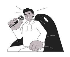 africain américain Masculin parler spectacle hôte noir et blanc 2d dessin animé personnage. Jeune noir homme en riant dans microphone isolé vecteur contour personne. plaisanterie amusement monochromatique plat place illustration