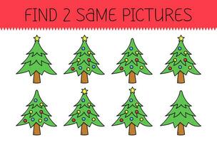 trouver deux même des photos est un éducatif Jeu pour des gamins avec mignonne Noël arbre. mignonne dessin animé Noël arbre. vecteur illustration