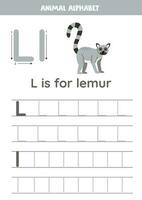 tracé alphabet des lettres pour enfants. animal alphabet. l est pour maki. vecteur