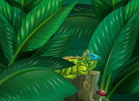 iguane caché dans le fond des feuilles tropicales vecteur