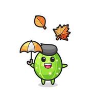 dessin animé du cactus mignon tenant un parapluie en automne vecteur