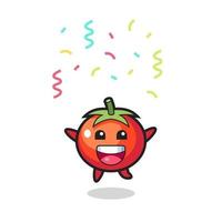 mascotte de tomates heureuses sautant pour félicitation avec des confettis de couleur vecteur