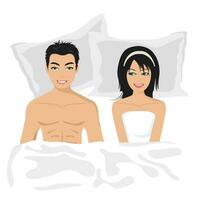 Jeune couple content dans lit. plat vecteur illustration