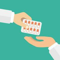 main donnant médicament pilules dans une cloque pack à un autre main. pharmaceutique industrie concept. plat vecteur illustration.
