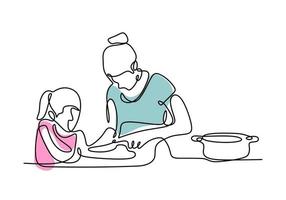 un dessin au trait continu de la mère et de la fille faisant cuire un aliment. vecteur