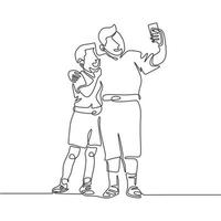 dessin continu d'une ligne de deux jeunes hommes prenant un selfie vecteur