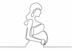 dessin continu d'une femme enceinte heureuse. vecteur