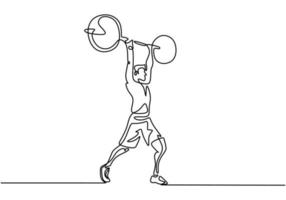 homme faisant des squats avec un dessin continu d'une ligne d'haltères vecteur