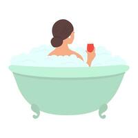 détendu femme prise une baignoire Dame mensonge dans mousse bulles en portant en portant du vin verre vecteur illustration isolé sur blanche.