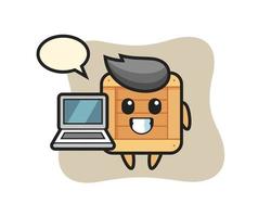 illustration de mascotte de boîte en bois avec un ordinateur portable vecteur