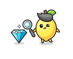 la mascotte de citron vérifie l'authenticité d'un diamant vecteur