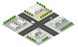 isométrique 3d ville module industriel Urbain usine lequel comprend bâtiments, Puissance végétaux, chauffage gaz, entrepôt. vecteur