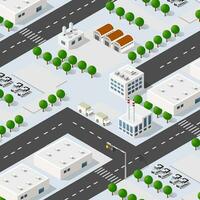 isométrique 3d ville module industriel Urbain usine lequel comprend bâtiments, Puissance végétaux, chauffage gaz, entrepôt. vecteur