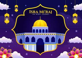 isra mi'raj vecteur illustration. Traduction le nuit périple prophète mahomet. avec mosquée et lanterne dans islamique vacances plat dessin animé Contexte