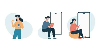 Jeune gens en utilisant les smartphones pour en ligne la communication et social médias interaction. plat dessin animé personnage illustration ensemble. vecteur