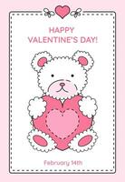 la Saint-Valentin journée salutation carte avec mignonne dessin de une nounours ours avec rose cœur dans ses mains, cadeau, carte postale, bannière, invitation affiche. vecteur illustration.