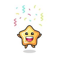 mascotte étoile heureuse sautant pour félicitation avec des confettis de couleur