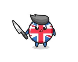 Adorable mascotte d'insigne du drapeau du Royaume-Uni en tant que psychopathe tenant un couteau vecteur