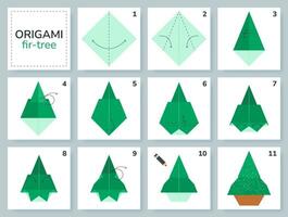 sapin origami schème Didacticiel en mouvement modèle. origami pour enfants. étape par étape Comment à faire une mignonne origami sapin. vecteur illustration.