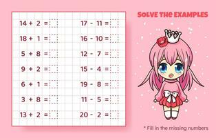 résoudre le exemples. une addition et soustraction en haut à 20. mathématique puzzle jeu. feuille de travail pour préscolaire enfants. vecteur illustration. dessin animé éducatif Jeu avec mignonne anime fille pour les enfants.