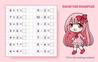 résoudre le exemples. une addition et soustraction en haut à dix. mathématique puzzle jeu. feuille de travail pour préscolaire enfants. vecteur illustration. dessin animé éducatif Jeu avec mignonne anime fille pour les enfants.