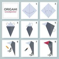 Pivert origami schème Didacticiel en mouvement modèle. origami pour enfants. étape par étape Comment à faire une mignonne origami oiseau. vecteur illustration.