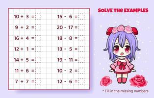 résoudre le exemples. une addition et soustraction en haut à 20. mathématique puzzle jeu. feuille de travail pour préscolaire enfants. vecteur illustration. dessin animé éducatif Jeu avec mignonne anime fille pour les enfants.