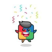 joyeux puzzle mascotte sautant pour félicitation avec des confettis de couleur vecteur