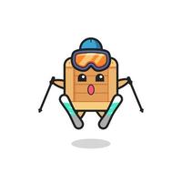 personnage mascotte boîte en bois en tant que joueur de ski vecteur