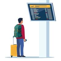 homme avec à roues valise et sac à dos regards à le départs planche à aéroport. passager dans aéroport attendre pièce ou Départ salon avec information panneau. Voyage concept. vecteur illustration.