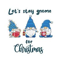 vecteur illustration de une Noël carte avec dessin animé gnomes et le une inscription nous allons rester gnome pour Noël. prêt à l'emploi salutation carte modèle