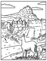 parc national des badlands avec des cerfs dans le dakota du sud usa dessin au trait mono vecteur