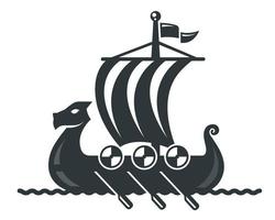icône de navire viking noir avec voile et rames. vecteur