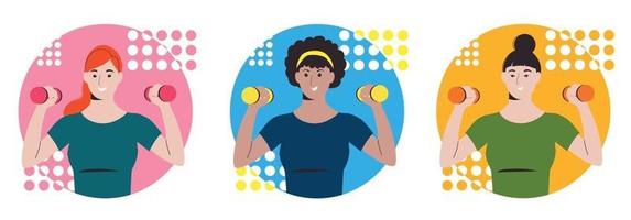 les filles font du sport avec des haltères. faire de l'exercice à la maison. aptitude vecteur