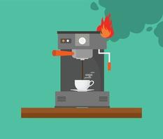 machine à café cassée avec fumée et feu vecteur