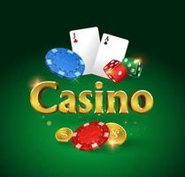 logo de casino sur fond vert. dés, pièces de monnaie, jetons