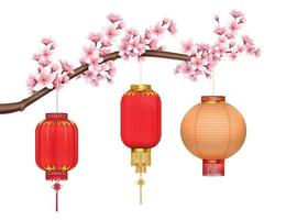 lanternes chinoises sur composition réaliste sakura