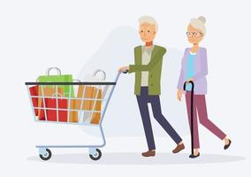 couple de personnes âgées faisant du shopping au supermarché. heureux couple de personnes âgées vecteur