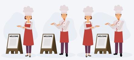 le chef appelle les clients dans le restaurant, signe de bienvenue. vecteur