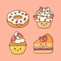 vecteur main tiré dessert sucré Donut petit gâteau crème Brownies cheesecake kawai mignonne illustration