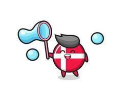 heureux danemark drapeau insigne dessin animé jouant à la bulle de savon vecteur